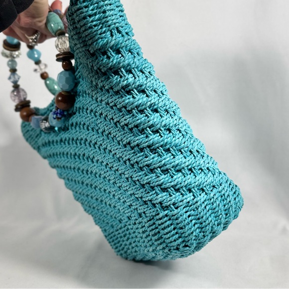 Poppie Jones blue woven straw bag with‎ beaded handles - Picture 2 of 12